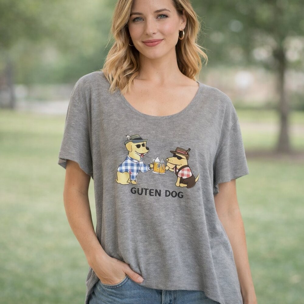 a.n.a Oktoberfest Guten Dog Tee XL Gray Graphic Shirt Handmade Vinyl Decal Beer